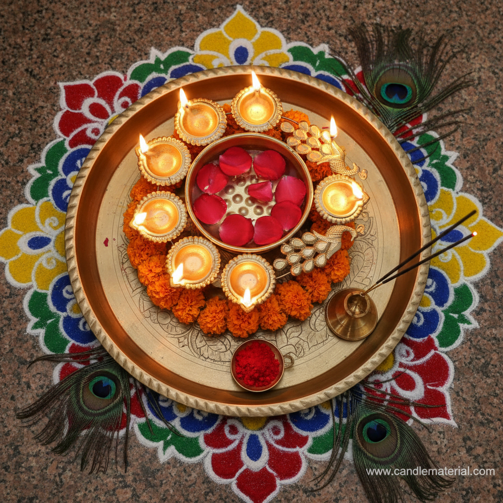 Gold peacock diya urli on pooja thali with floating petals, marigold garland, peacock feathers and rangoli