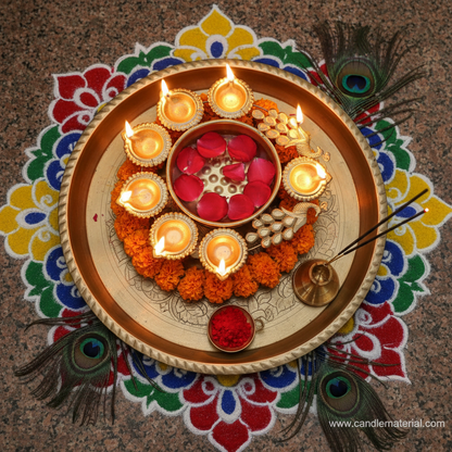 Gold peacock diya urli on pooja thali with floating petals, marigold garland, peacock feathers and rangoli