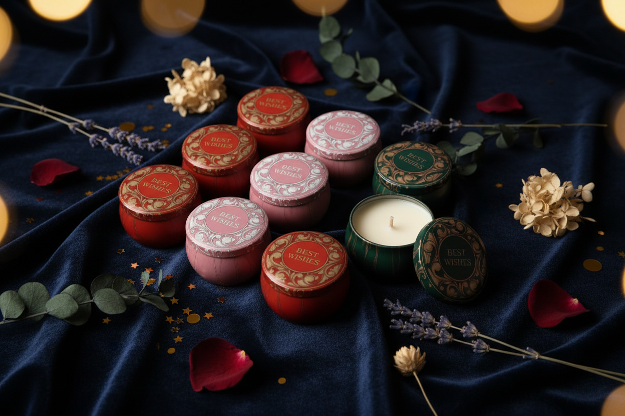 Best Wishes candle tins on dark velvet with gold confetti