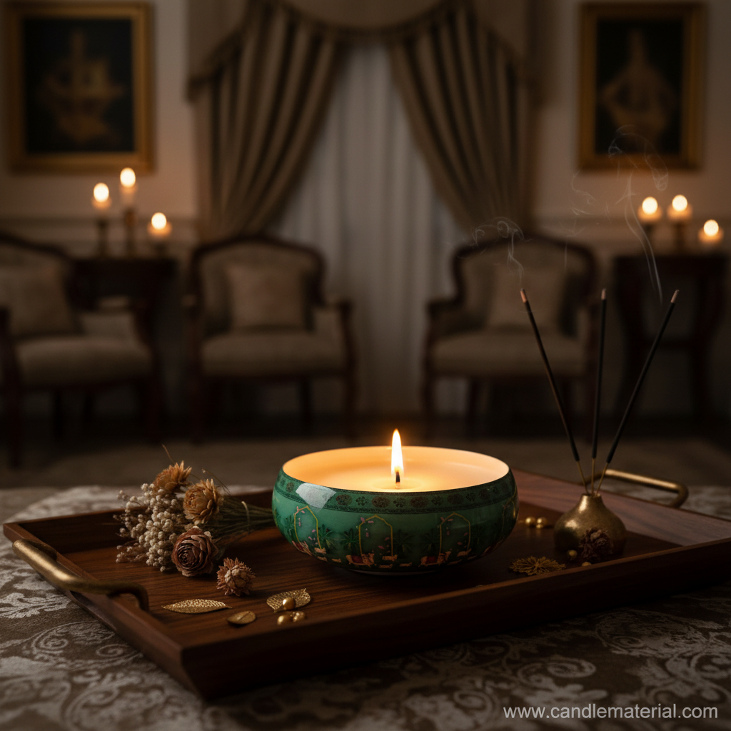 Mughal green candle bowl in royal home interior with gold accents