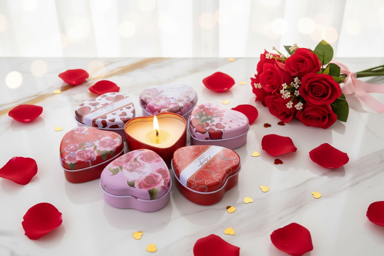 Heart candle tins on white marble with rose petals and gold confetti hearts