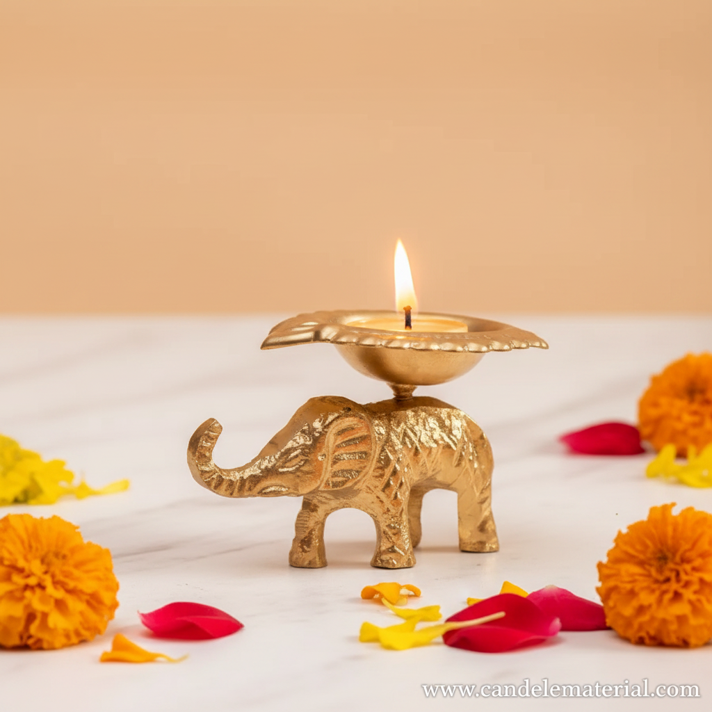 Brass elephant diya with lit candle on marble surface with marigolds