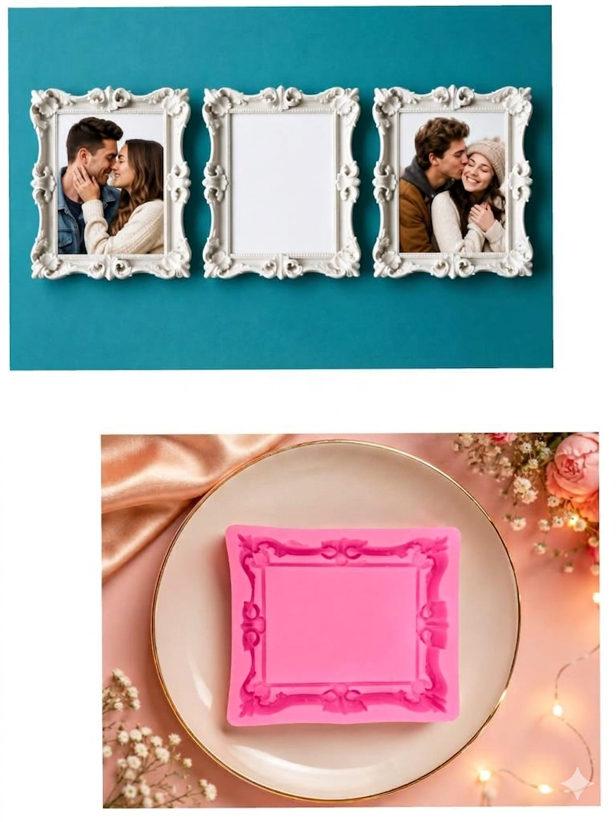 Rectangular baroque silicone frame mold and finished white resin photo frames