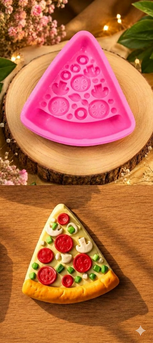 Pizza Slice Silicone Mold by Bloom Creations – pink 3D mold and finished resin pizza slice with toppings