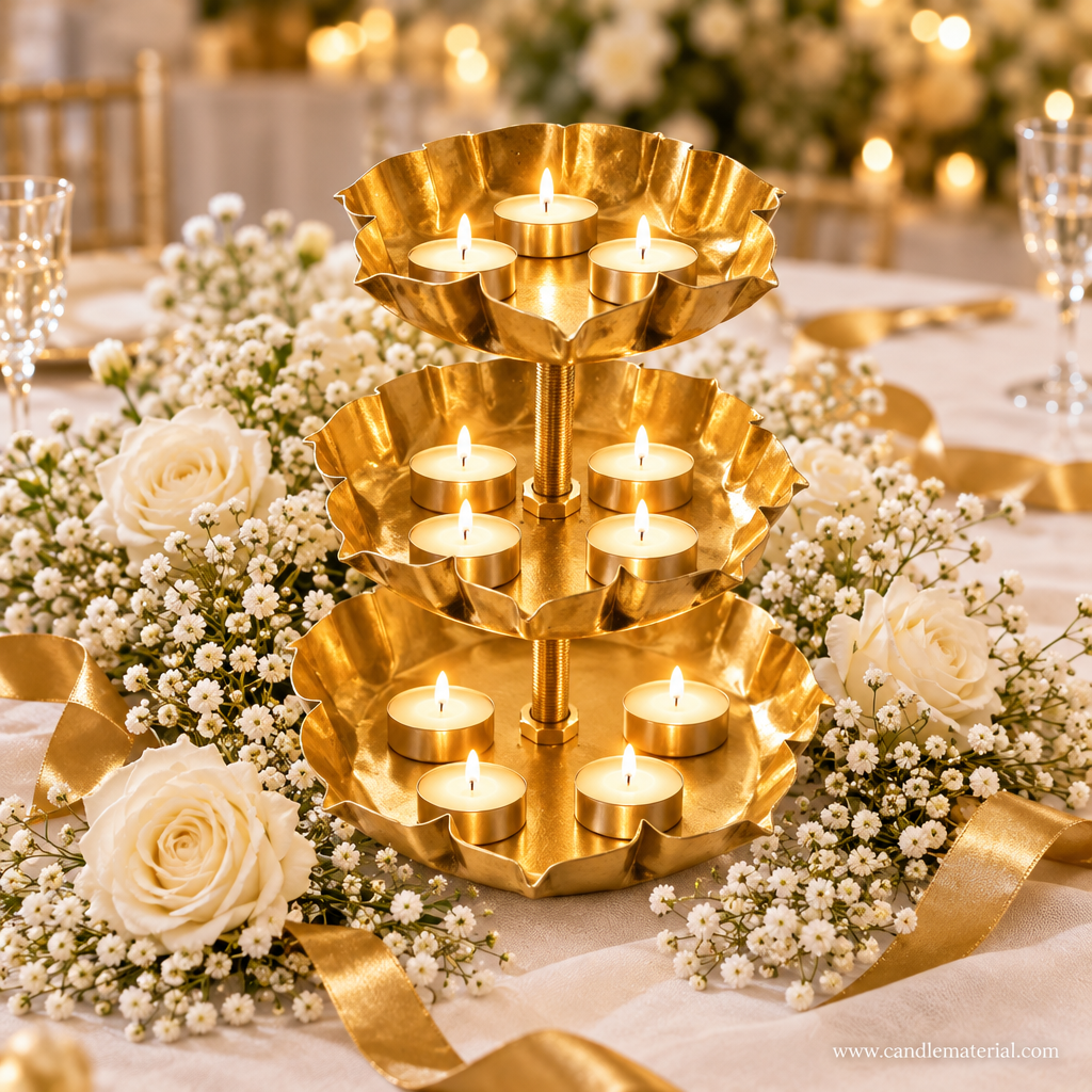3-tier gold lotus petal tray stand as wedding centrepiece on white linen with white roses and baby's breath