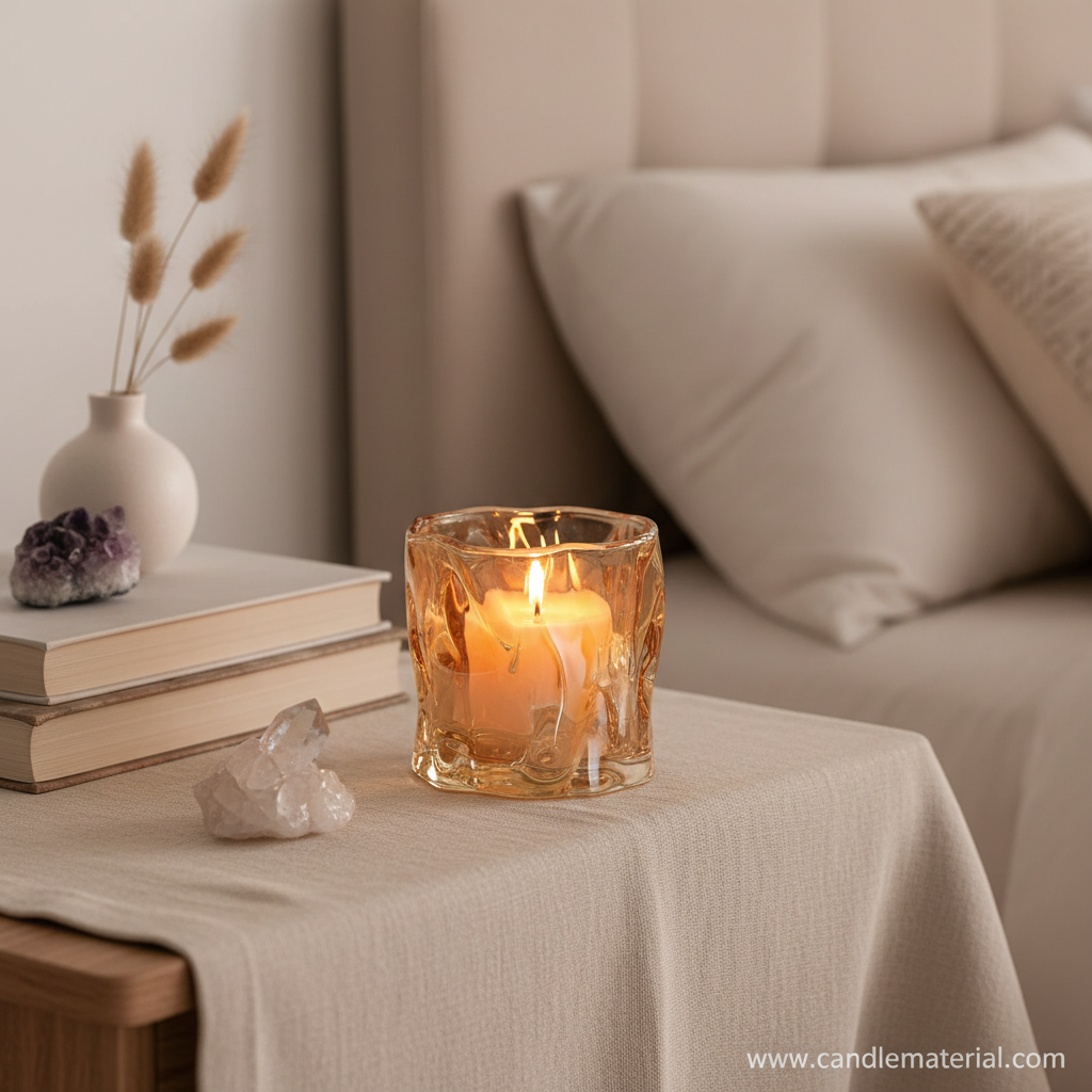 Amber crinkle glass candle jar with lit candle on cozy bedside table