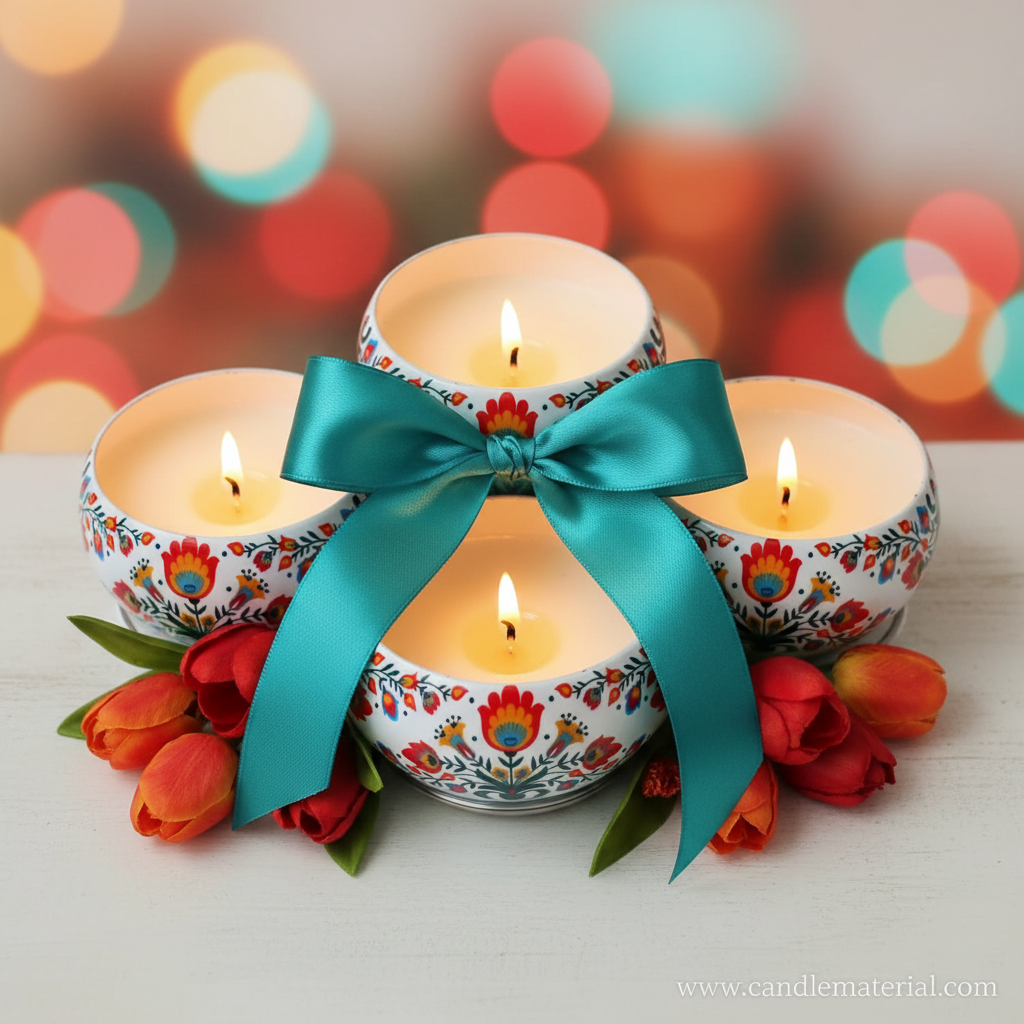 Three folk floral candle bowls as luxury gift set with red and orange flowers