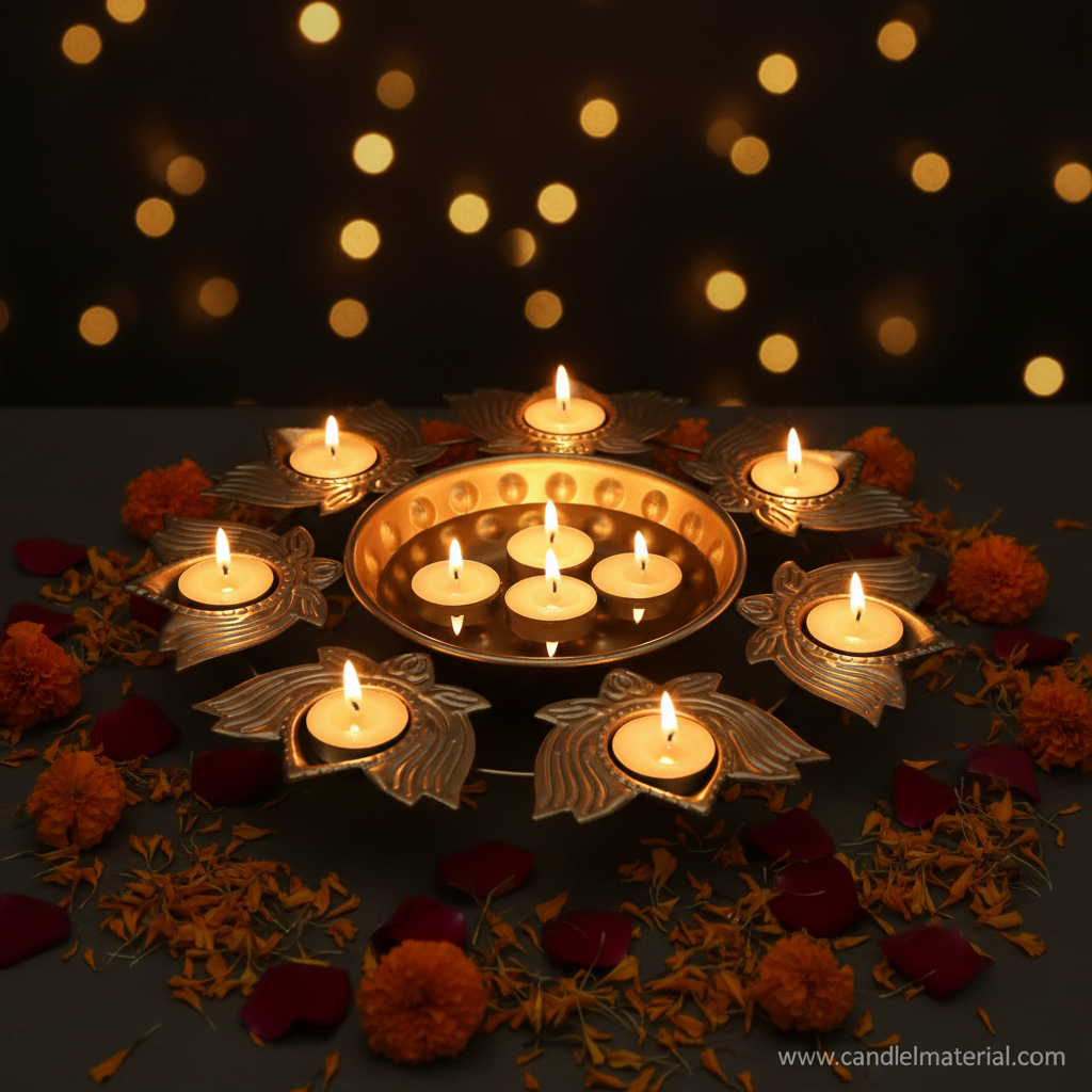 Gold lotus diya urli with glowing tealights, dark moody background with golden bokeh