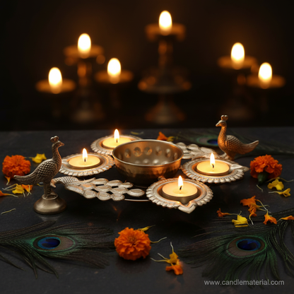 Gold compact twin peacock diya urli with glowing tealights dark moody background with golden bokeh
