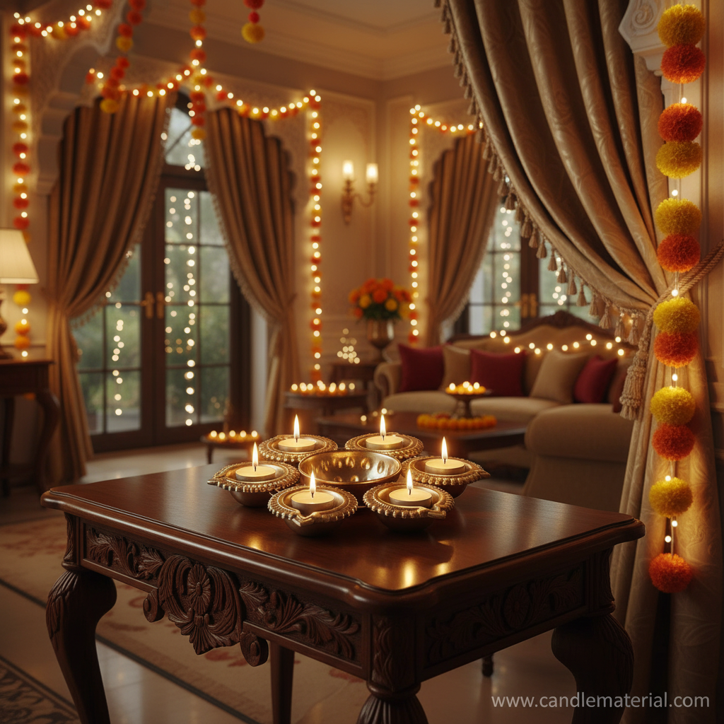 Gold 6-diya urli with lit tealights on console table in festive Indian home interior
