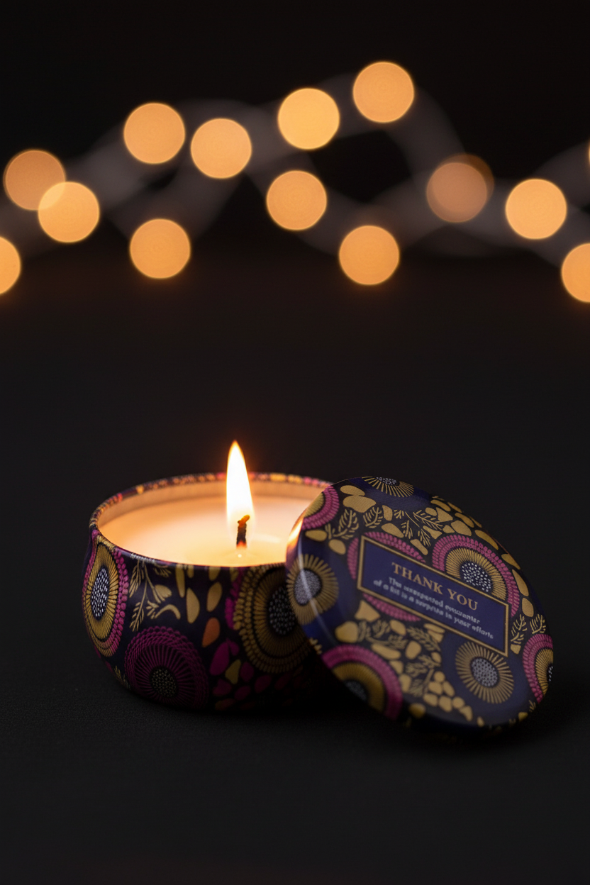 Single navy Thank You candle tin hero close-up with glowing flame