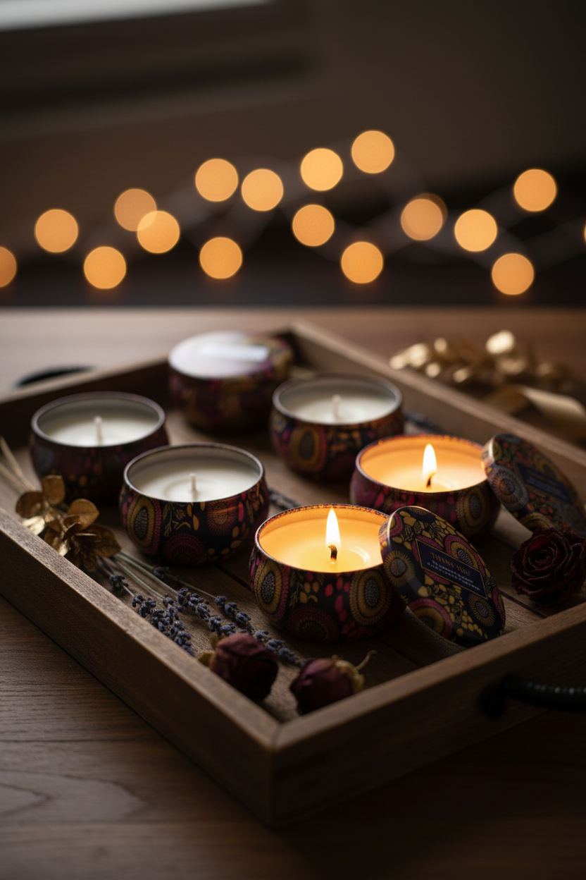 Thank You candle tins on wooden tray with dried botanicals and candlelight
