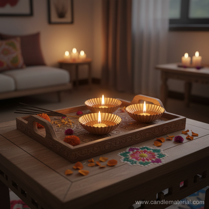 Copper gold diya bowls in home interior with rangoli and incense