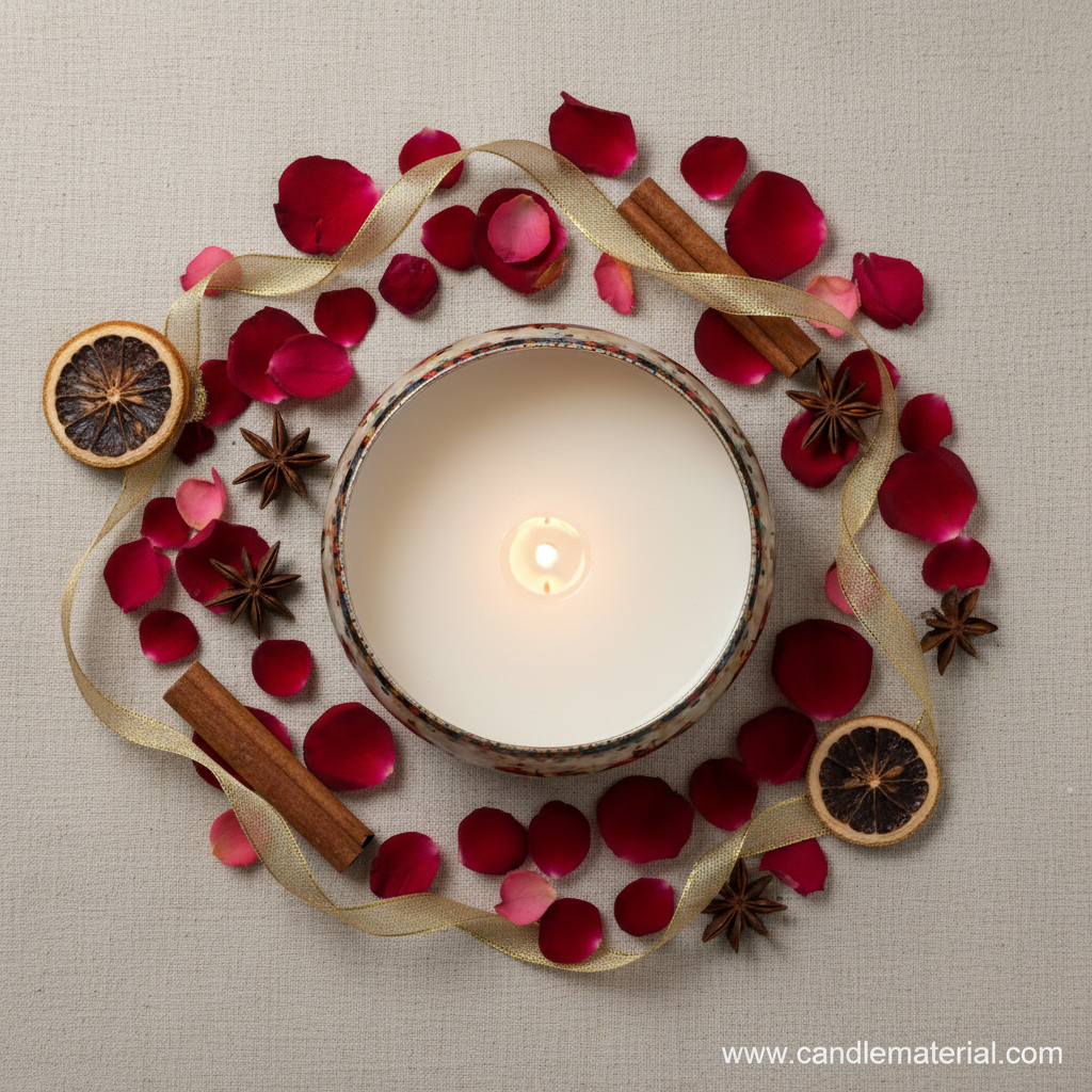 Flat lay of elephant candle bowl with botanicals and gold ribbon