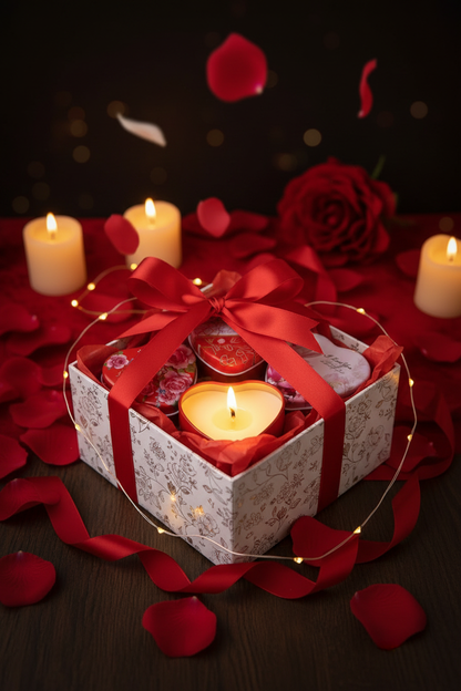Heart candle tins gift set in decorative box with satin ribbon and rose petals