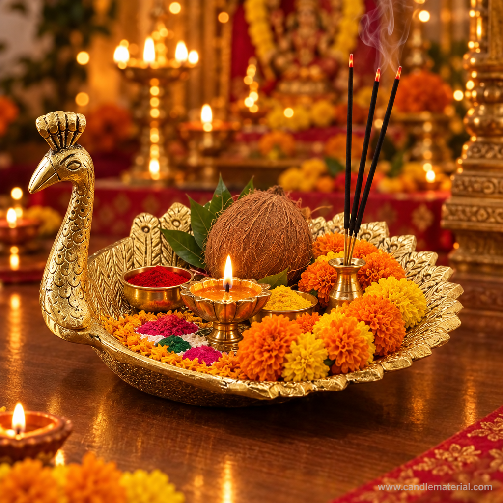 Gold peacock tray as pooja thali with kumkum, lit diya, incense and marigold garland