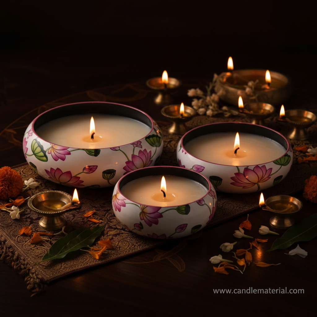 Pink lotus candle bowl with lit candle, dark moody background