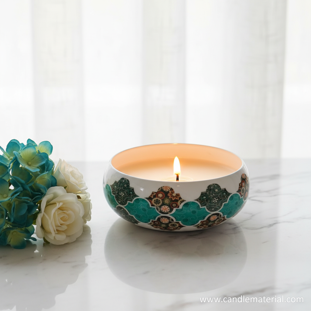 Teal tile candle bowl with lit candle on marble surface with teal flowers