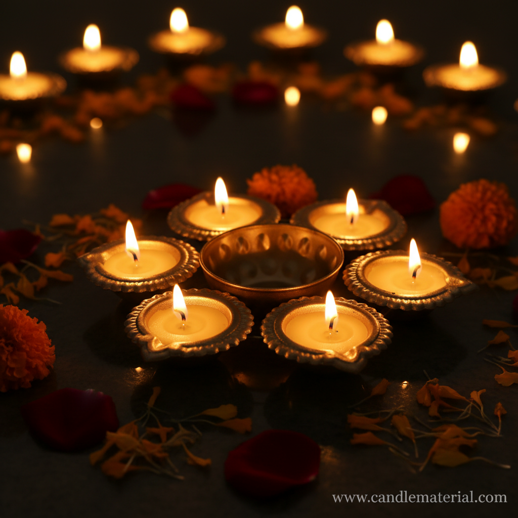 Gold 6-diya urli with glowing tealights, dark moody background with golden bokeh