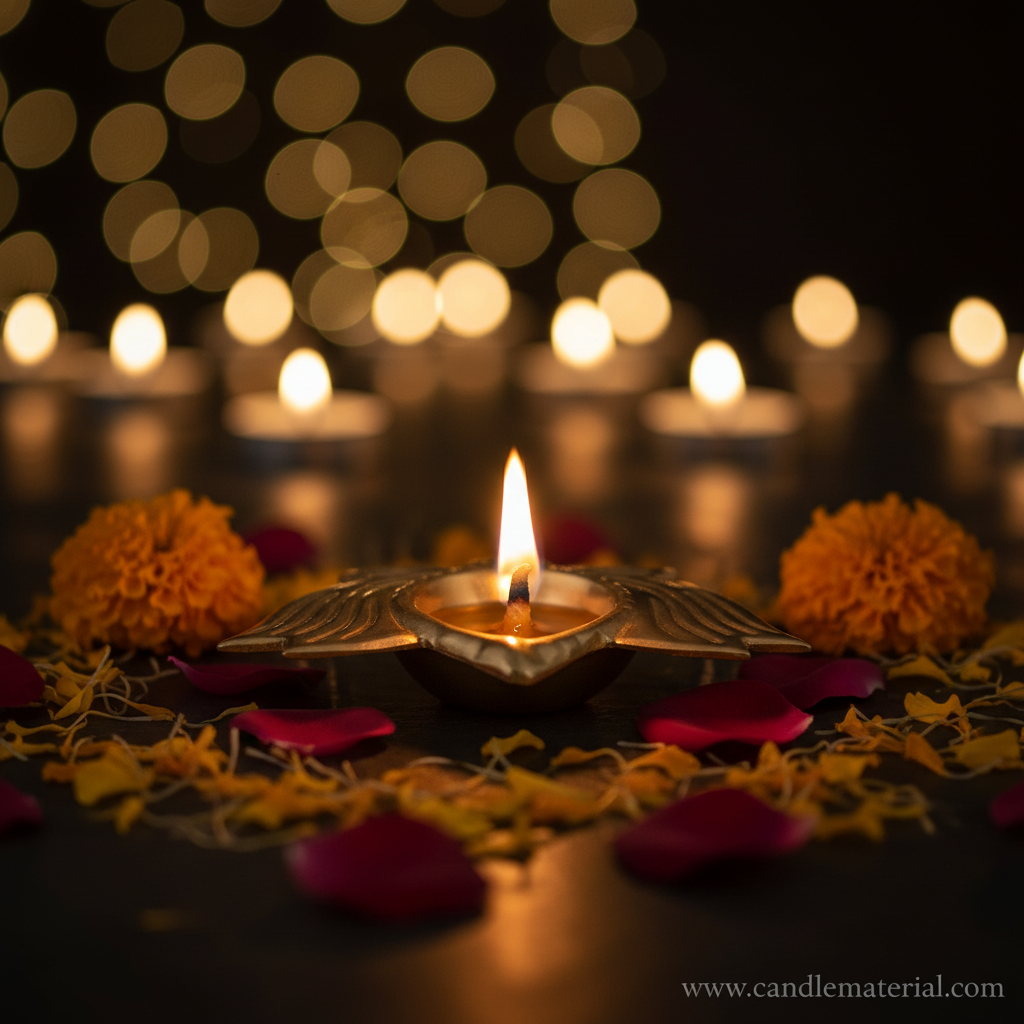 Gold metal lotus diya with lit golden flame, dark moody background with bokeh