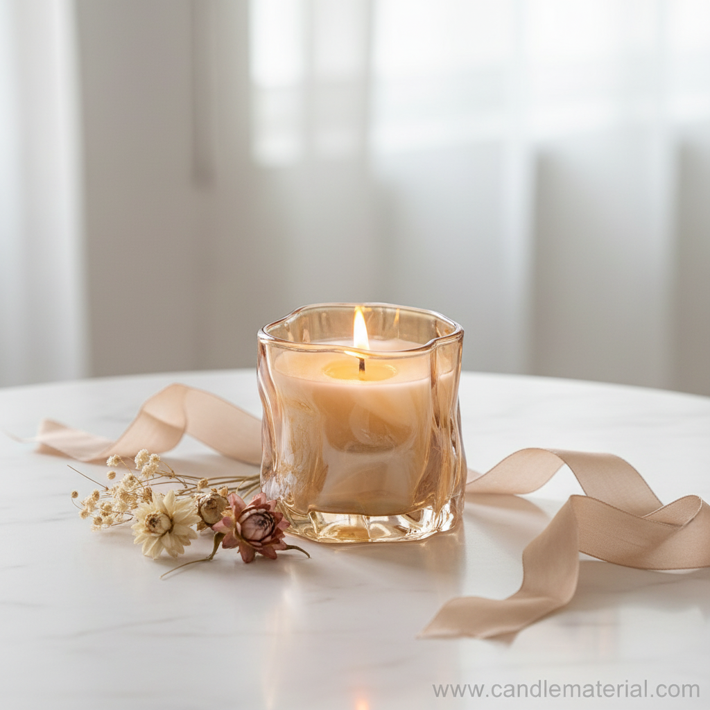 Amber crinkle glass candle jar with lit candle on marble with dried flowers