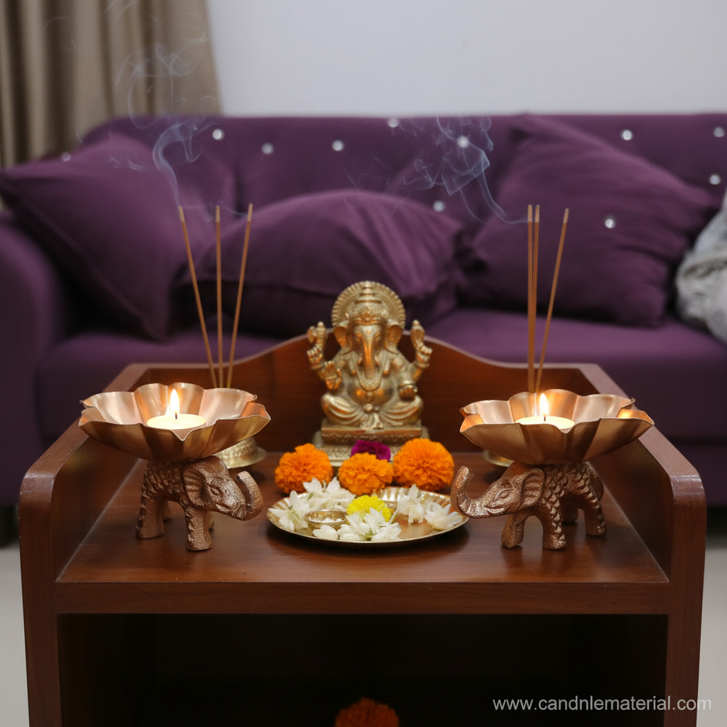 Elephant lotus diya holders in puja room interior with incense and flowers