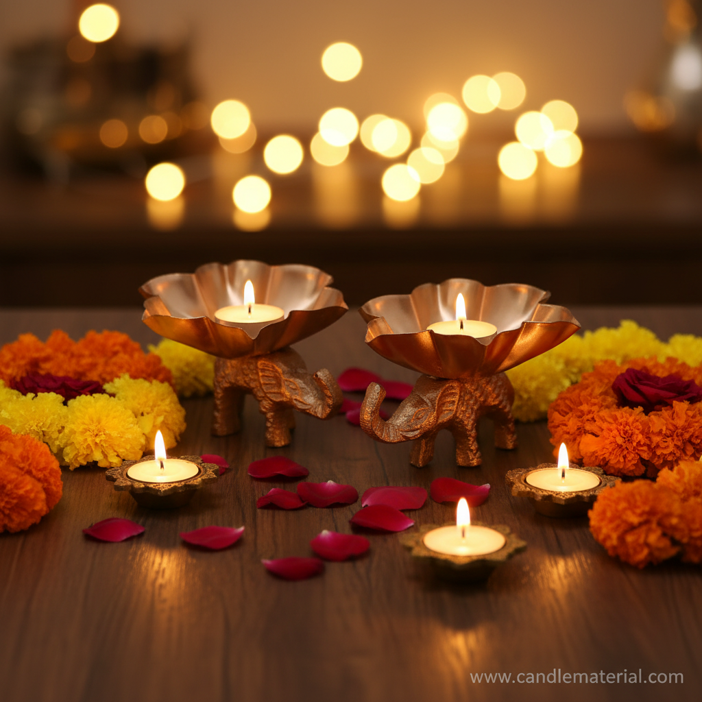 Elephant lotus diya holders in festive Diwali setup with marigold garlands