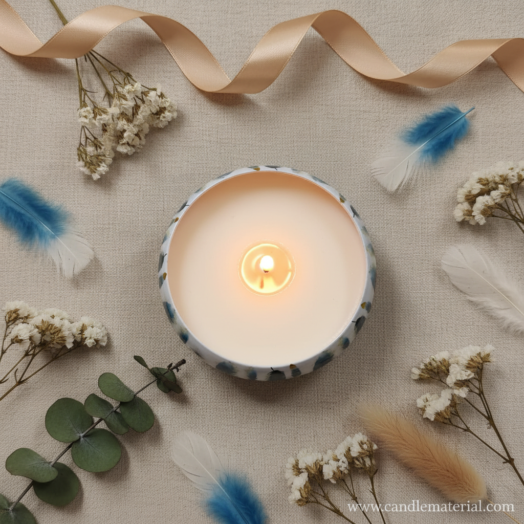 Flat lay of blue feather candle bowl with feathers and gold ribbon