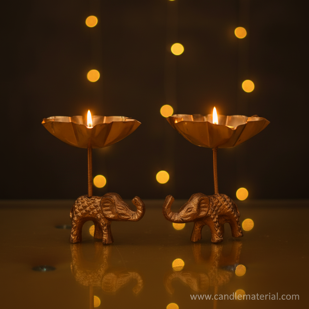 Elephant tall stem lotus diya holders with lit candles, dark moody background