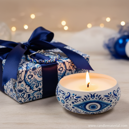 Evil eye candle bowl in festive blue and white gift setup
