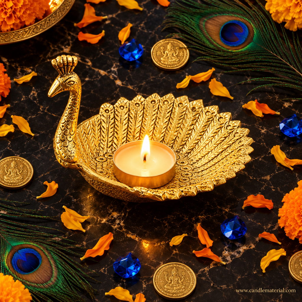 Overhead flat lay of gold peacock tray with lit candle on dark marble with peacock feathers and gems