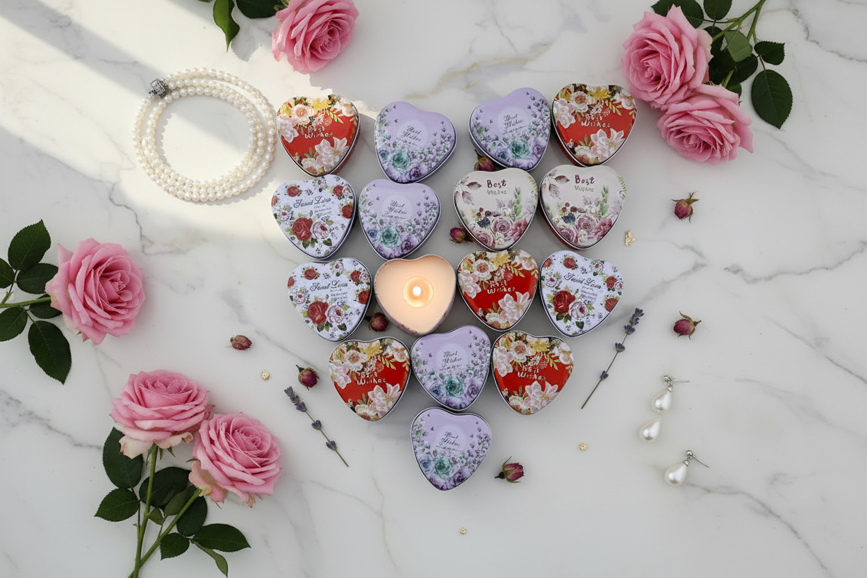 Best Wishes Sweet Love heart candle tins bridal wedding aesthetic with pink roses