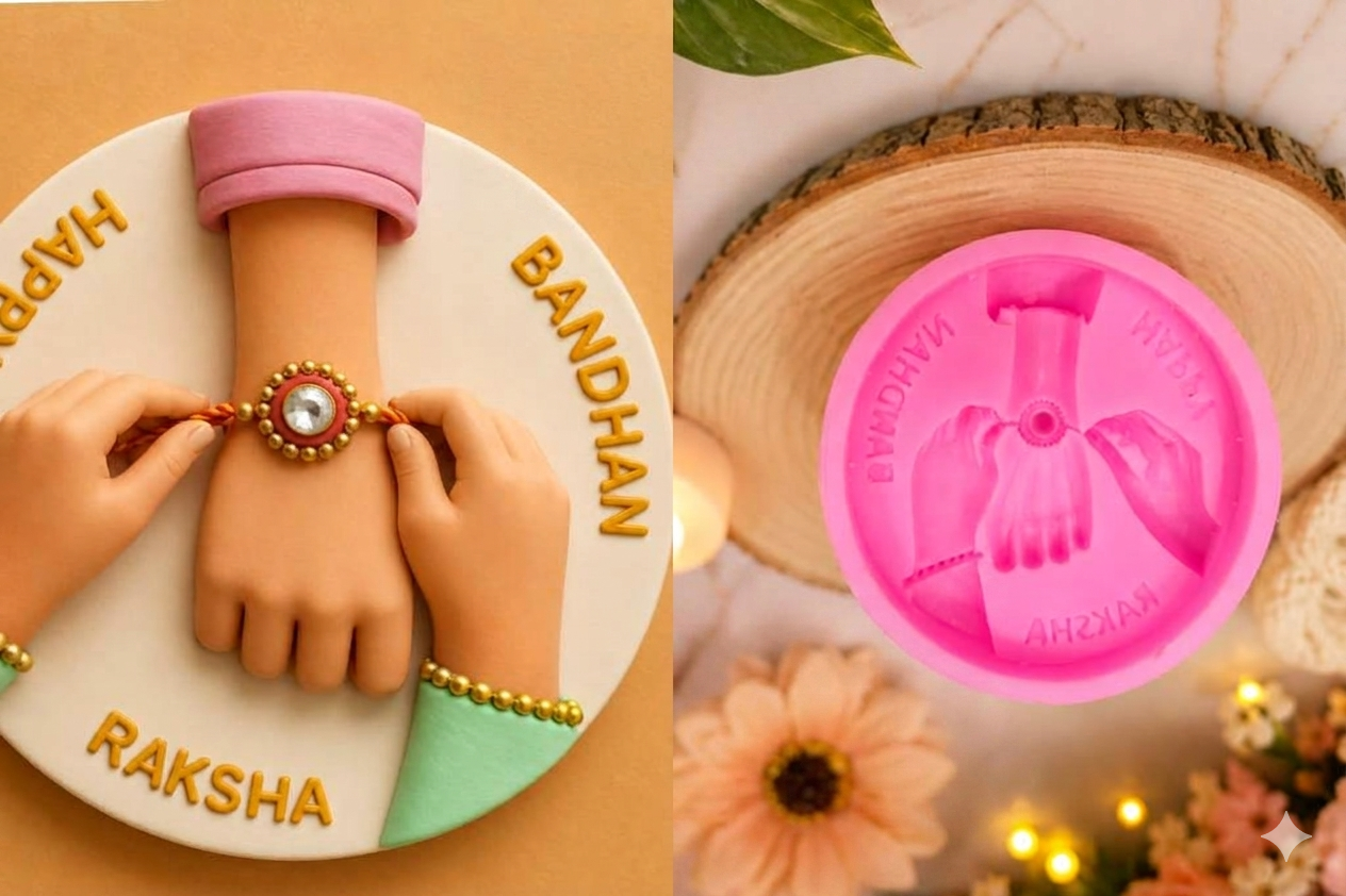 Happy Raksha Bandhan Round Plaque Silicone Mold by Bloom Creations – pink circular mold and finished resin rakhi-tying hands plaque