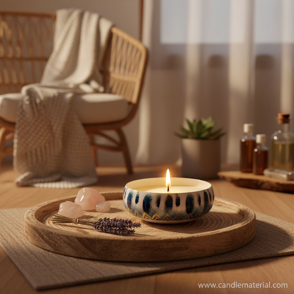 Blue feather candle bowl in cozy boho spa interior with crystals and lavender