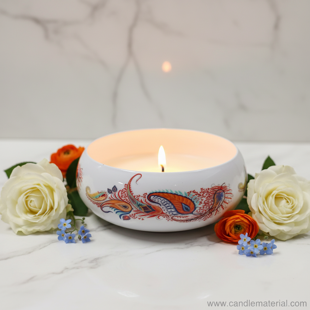 Paisley candle bowl with lit candle on marble surface with fresh flowers