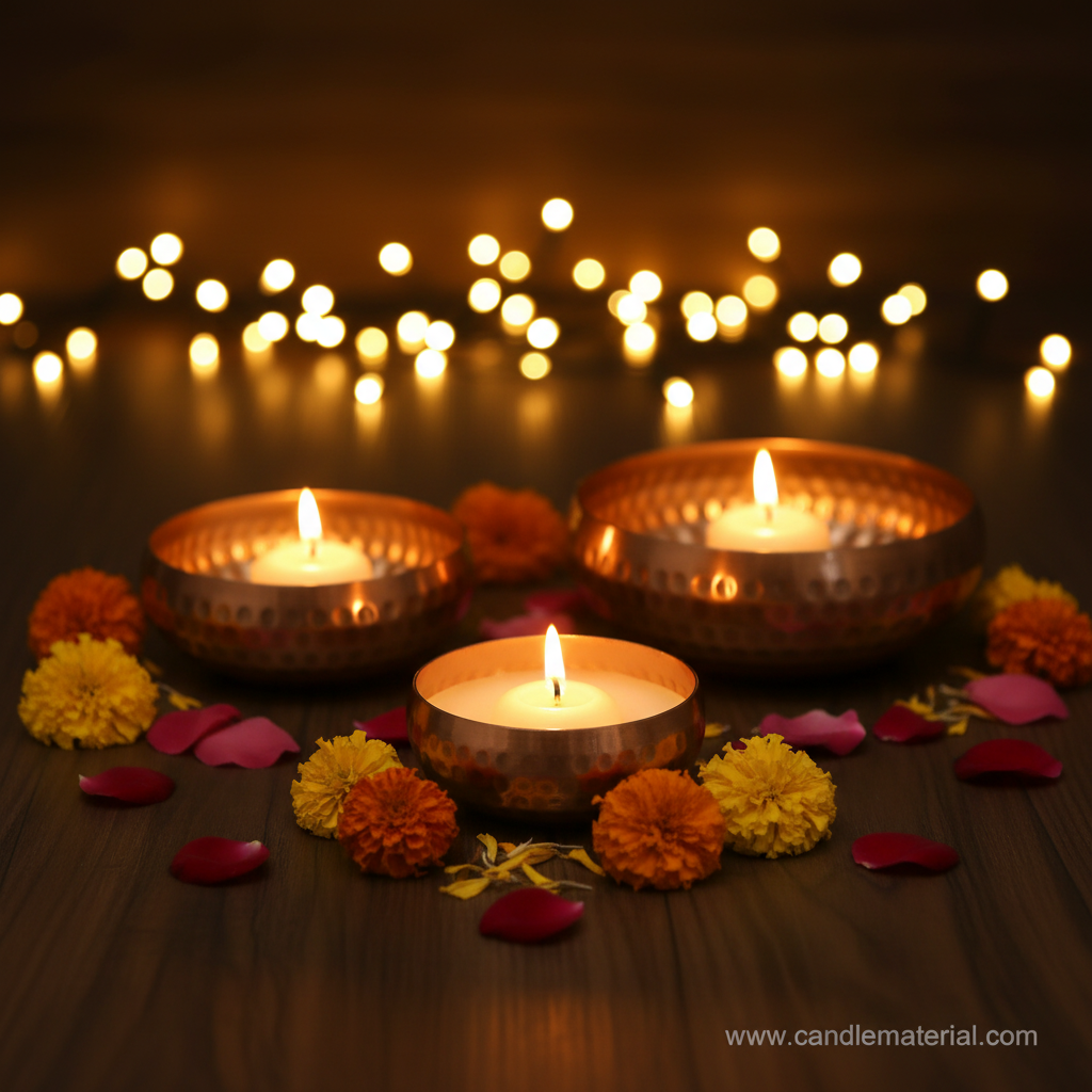 Hammered copper bowls with lit candles in festive Diwali setup