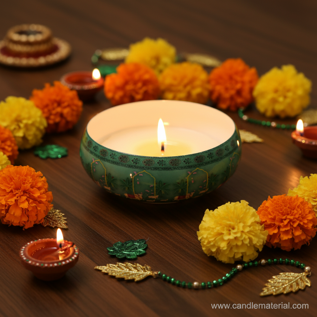 Mughal green candle bowl in festive Diwali setup with marigolds and diyas
