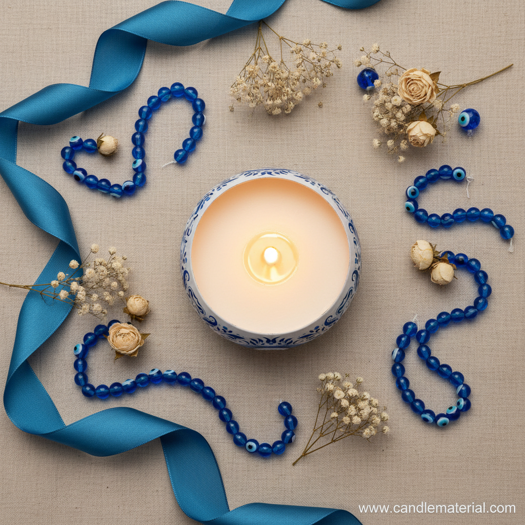 Flat lay of evil eye candle bowl with evil eye beads and blue ribbon