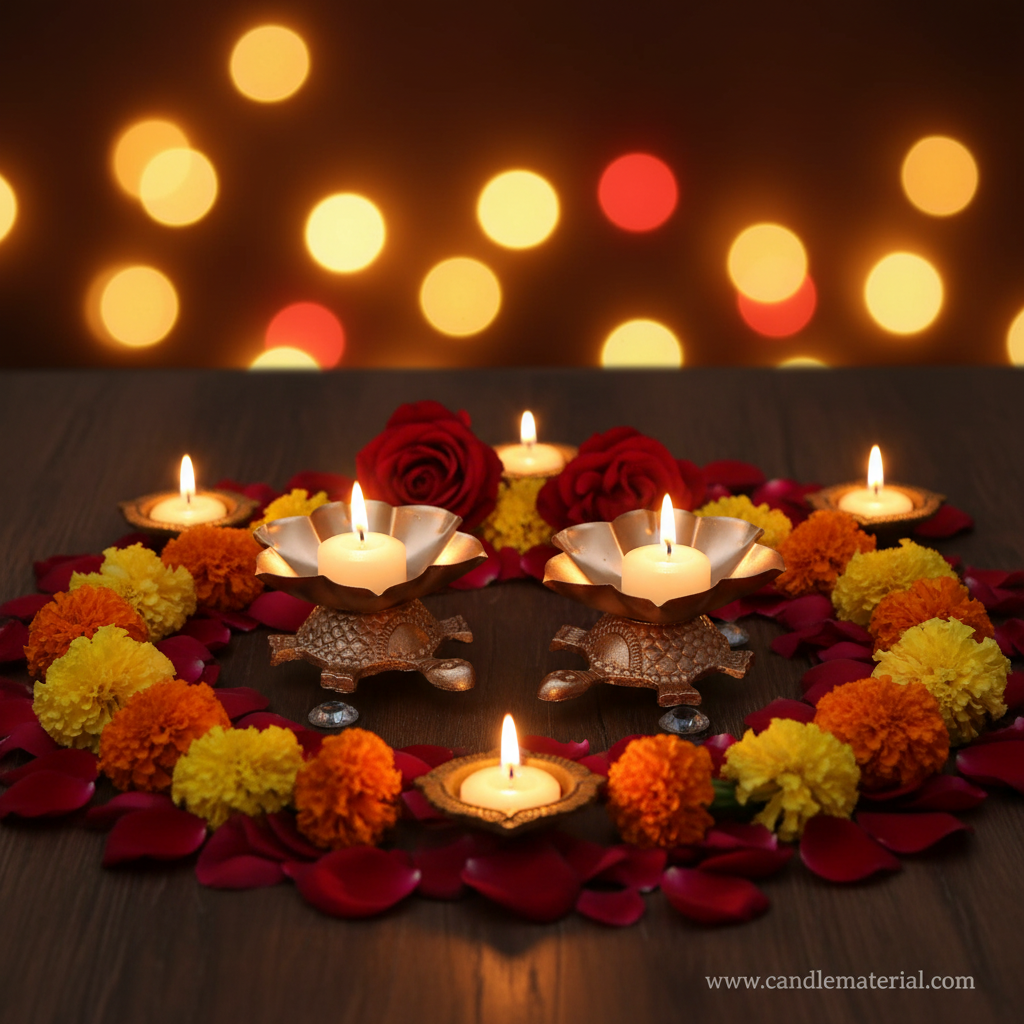 Tortoise lotus diya holders in festive Diwali setup with marigold garlands