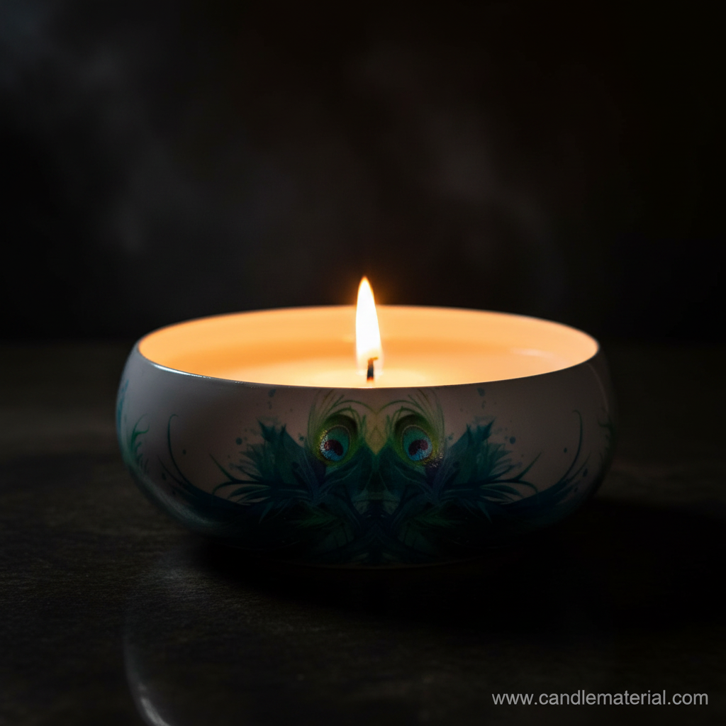 Peacock candle bowl with lit candle, dark moody background