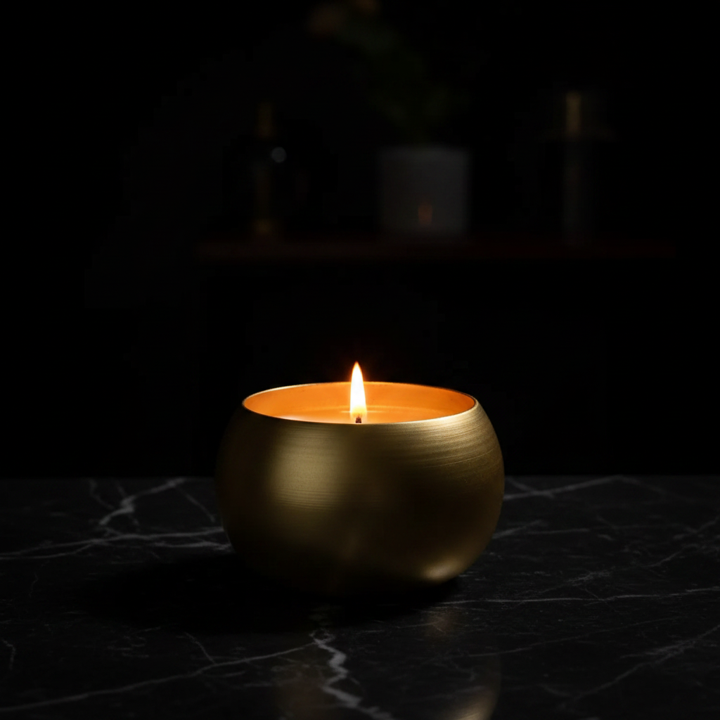 Gold candle tin with lit candle, dark moody background