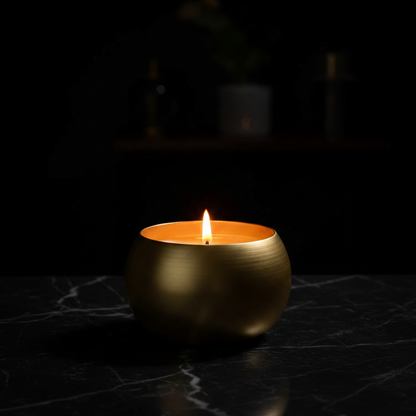 Gold candle tin with lit candle, dark moody background