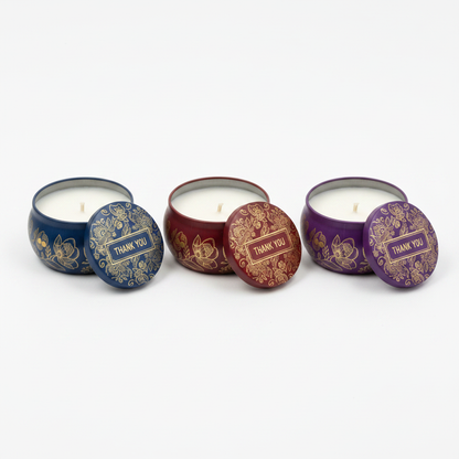 Thank You candle tins studio shot all three variants in a row on white
