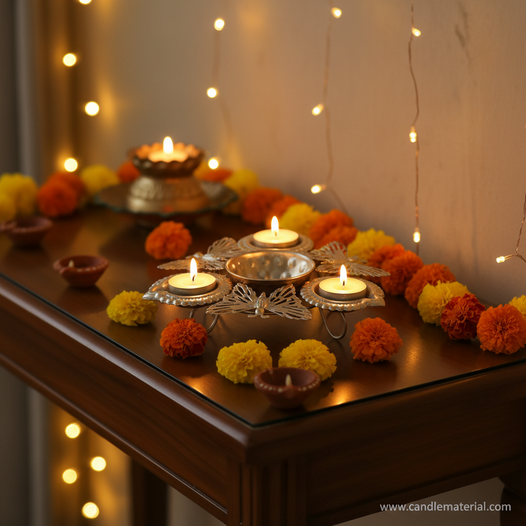 Silver butterfly diya set with lit tealights on console table in festive Indian home interior