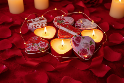 I Love You heart candle tins Valentine's gift set on red velvet