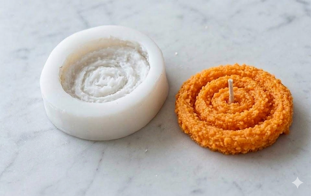 Jalebi Candle Silicone Mold by Bloom Creations – white round spiral mold with finished saffron orange jalebi-shaped candle on marble surface