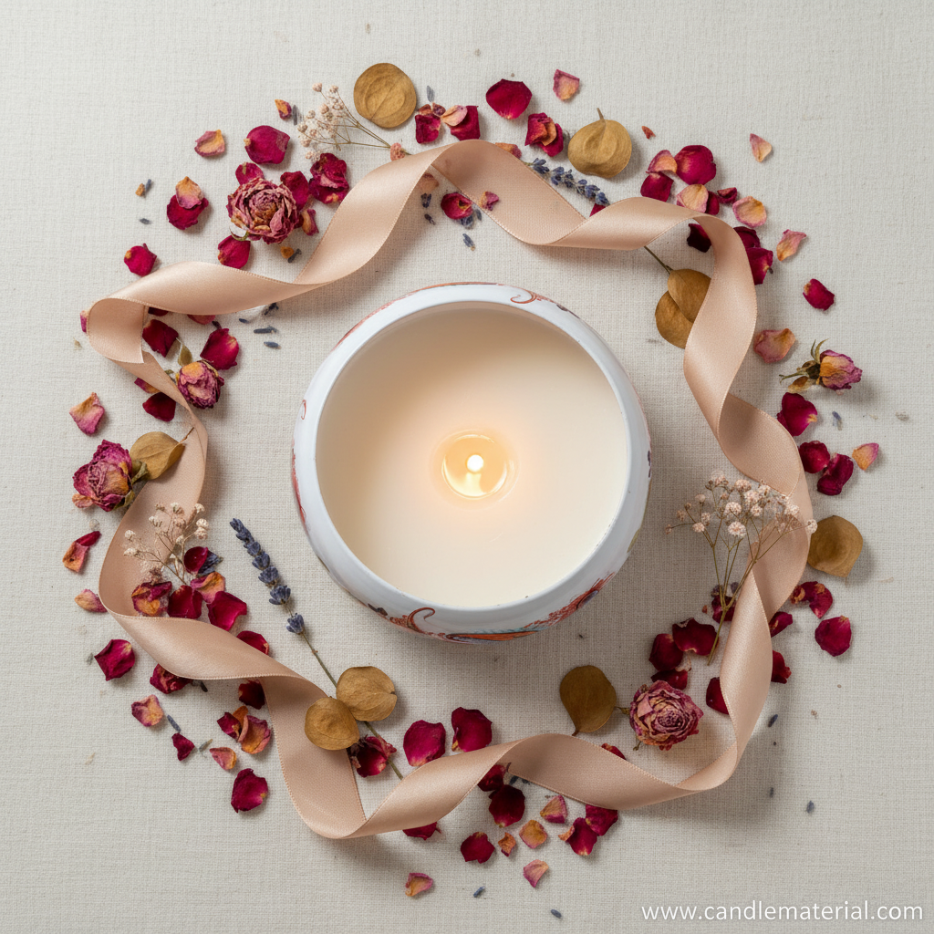 Flat lay of paisley candle bowl with botanicals and ribbon