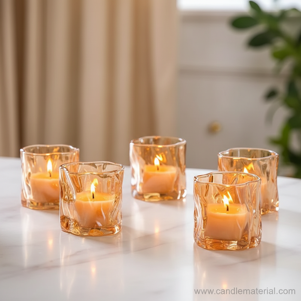 Set of 6 amber crinkle glass candle jars all lit in luxury home interior