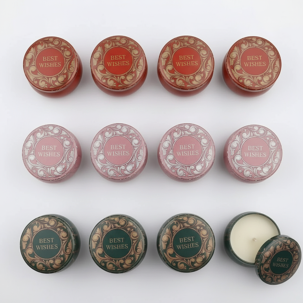 Best Wishes candle tins flat lay on white marble