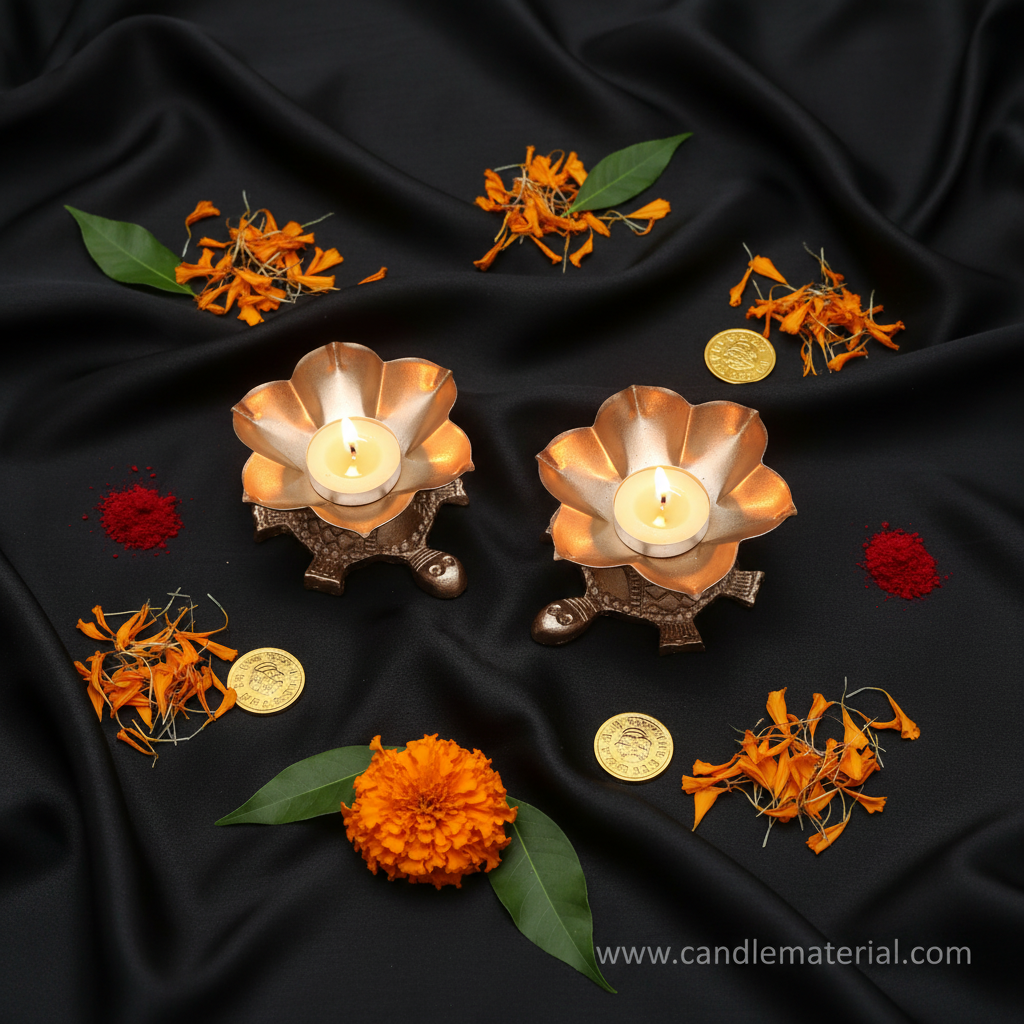 Flat lay of tortoise lotus diya holders with puja vastu styling and gold coins
